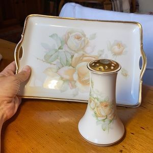 Antique porcelain dresser tray & hat pin container